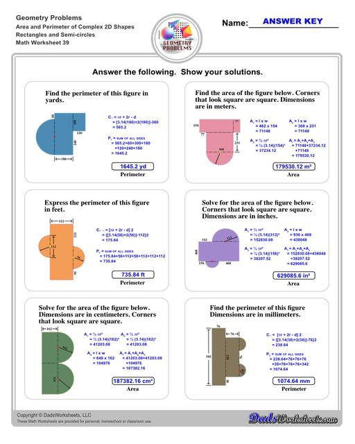 The area and perimeter worksheets on this page start with requiring students to calculate area and perimeter of basic shapes such as triangles, squares, circles and ellipses. Additional worksheets with compound shapes require students to calculate missing dimensions and use problem solving skills and strategies to calculate area and perimeter. Compound Rectangles And Semi Circles V3