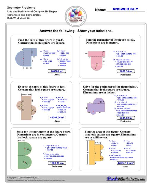 The area and perimeter worksheets on this page start with requiring students to calculate area and perimeter of basic shapes such as triangles, squares, circles and ellipses. Additional worksheets with compound shapes require students to calculate missing dimensions and use problem solving skills and strategies to calculate area and perimeter. Compound Rectangles And Semi Circles V4