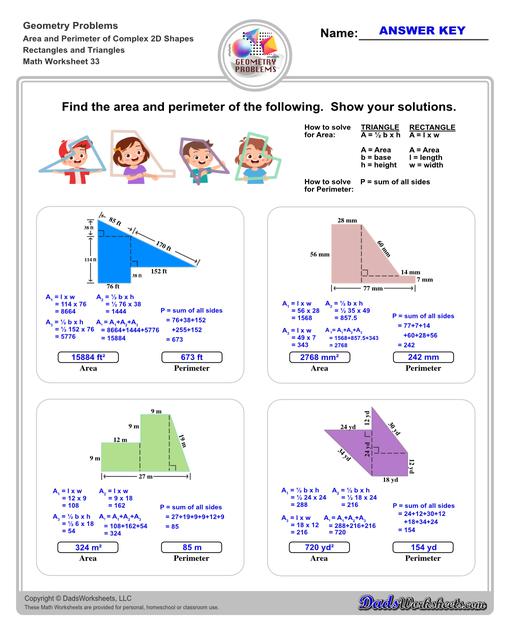 The area and perimeter worksheets on this page start with requiring students to calculate area and perimeter of basic shapes such as triangles, squares, circles and ellipses. Additional worksheets with compound shapes require students to calculate missing dimensions and use problem solving skills and strategies to calculate area and perimeter. Compound Rectangles And Triangles V1