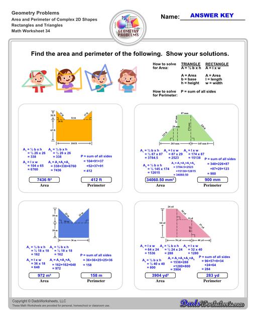 The area and perimeter worksheets on this page start with requiring students to calculate area and perimeter of basic shapes such as triangles, squares, circles and ellipses. Additional worksheets with compound shapes require students to calculate missing dimensions and use problem solving skills and strategies to calculate area and perimeter. Compound Rectangles And Triangles V2