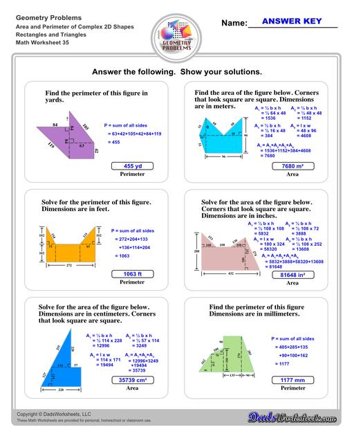 The area and perimeter worksheets on this page start with requiring students to calculate area and perimeter of basic shapes such as triangles, squares, circles and ellipses. Additional worksheets with compound shapes require students to calculate missing dimensions and use problem solving skills and strategies to calculate area and perimeter. Compound Rectangles And Triangles V3