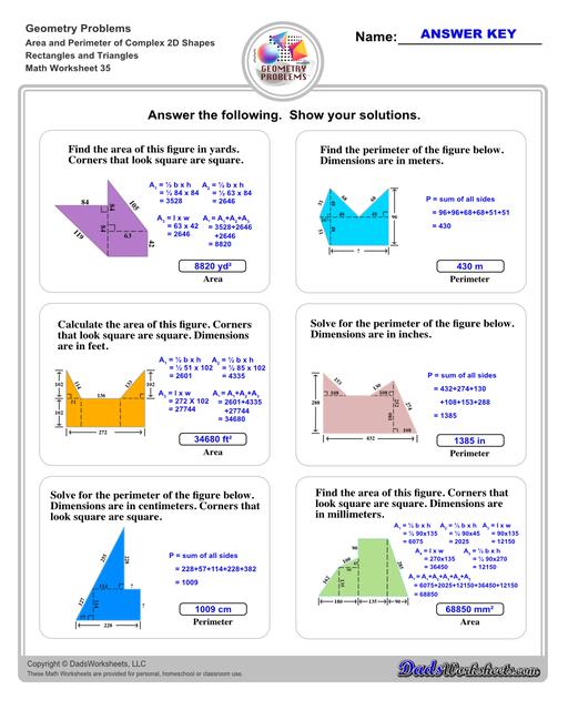 The area and perimeter worksheets on this page start with requiring students to calculate area and perimeter of basic shapes such as triangles, squares, circles and ellipses. Additional worksheets with compound shapes require students to calculate missing dimensions and use problem solving skills and strategies to calculate area and perimeter. Compound Rectangles And Triangles V4