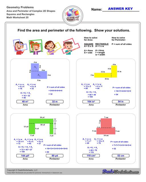 The area and perimeter worksheets on this page start with requiring students to calculate area and perimeter of basic shapes such as triangles, squares, circles and ellipses. Additional worksheets with compound shapes require students to calculate missing dimensions and use problem solving skills and strategies to calculate area and perimeter. Compound Squares And Rectangles V1