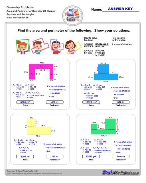 The area and perimeter worksheets on this page start with requiring students to calculate area and perimeter of basic shapes such as triangles, squares, circles and ellipses. Additional worksheets with compound shapes require students to calculate missing dimensions and use problem solving skills and strategies to calculate area and perimeter. Compound Squares And Rectangles V2