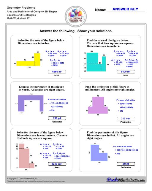 The area and perimeter worksheets on this page start with requiring students to calculate area and perimeter of basic shapes such as triangles, squares, circles and ellipses. Additional worksheets with compound shapes require students to calculate missing dimensions and use problem solving skills and strategies to calculate area and perimeter. Compound Squares And Rectangles V3