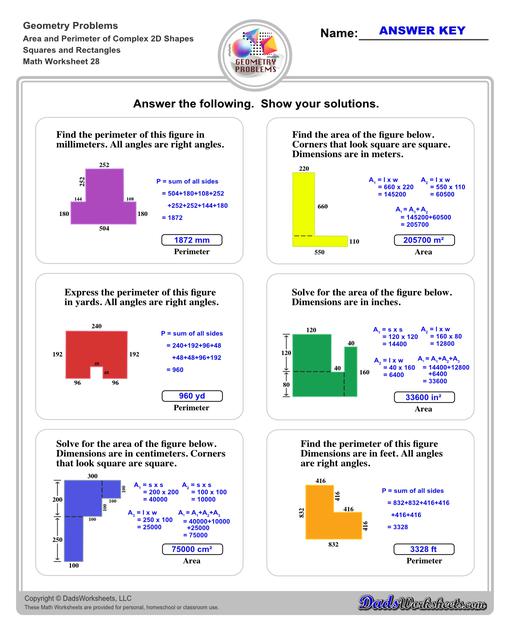 The area and perimeter worksheets on this page start with requiring students to calculate area and perimeter of basic shapes such as triangles, squares, circles and ellipses. Additional worksheets with compound shapes require students to calculate missing dimensions and use problem solving skills and strategies to calculate area and perimeter. Compound Squares And Rectangles V4