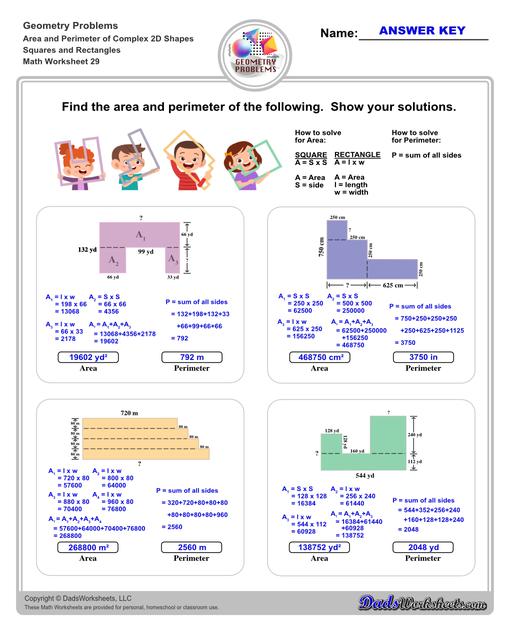 The area and perimeter worksheets on this page start with requiring students to calculate area and perimeter of basic shapes such as triangles, squares, circles and ellipses. Additional worksheets with compound shapes require students to calculate missing dimensions and use problem solving skills and strategies to calculate area and perimeter. Compound Squares And Rectangles V5