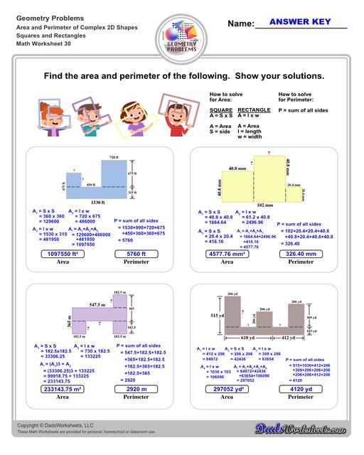 The area and perimeter worksheets on this page start with requiring students to calculate area and perimeter of basic shapes such as triangles, squares, circles and ellipses. Additional worksheets with compound shapes require students to calculate missing dimensions and use problem solving skills and strategies to calculate area and perimeter. Compound Squares And Rectangles V6