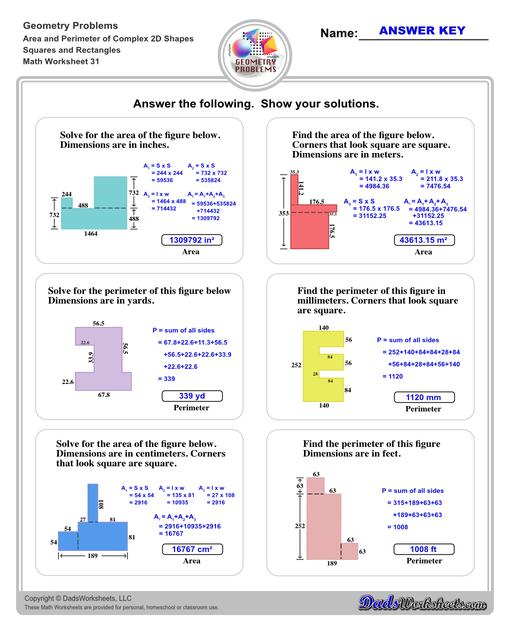 The area and perimeter worksheets on this page start with requiring students to calculate area and perimeter of basic shapes such as triangles, squares, circles and ellipses. Additional worksheets with compound shapes require students to calculate missing dimensions and use problem solving skills and strategies to calculate area and perimeter. Compound Squares And Rectangles V7