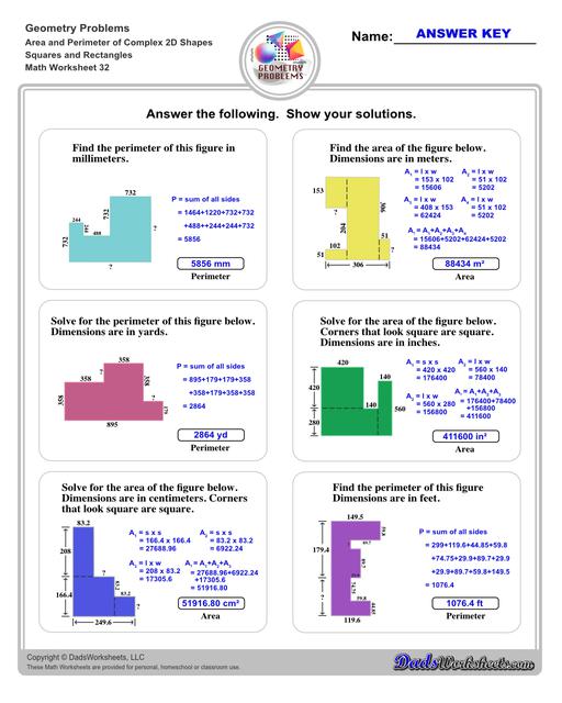 The area and perimeter worksheets on this page start with requiring students to calculate area and perimeter of basic shapes such as triangles, squares, circles and ellipses. Additional worksheets with compound shapes require students to calculate missing dimensions and use problem solving skills and strategies to calculate area and perimeter. Compound Squares And Rectangles V8