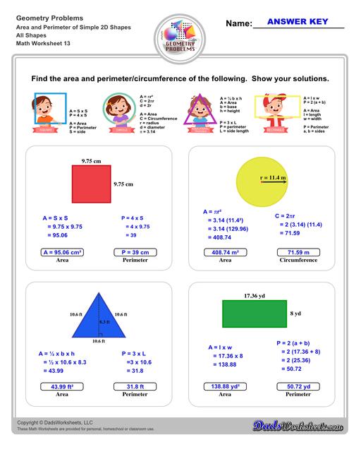 The area and perimeter worksheets on this page start with requiring students to calculate area and perimeter of basic shapes such as triangles, squares, circles and ellipses. Additional worksheets with compound shapes require students to calculate missing dimensions and use problem solving skills and strategies to calculate area and perimeter. All Shapes V1