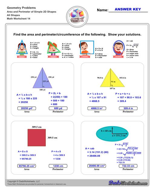 The area and perimeter worksheets on this page start with requiring students to calculate area and perimeter of basic shapes such as triangles, squares, circles and ellipses. Additional worksheets with compound shapes require students to calculate missing dimensions and use problem solving skills and strategies to calculate area and perimeter. All Shapes V2