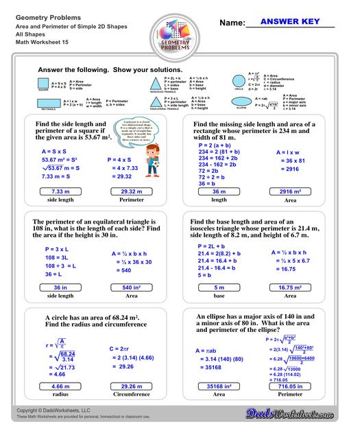 The area and perimeter worksheets on this page start with requiring students to calculate area and perimeter of basic shapes such as triangles, squares, circles and ellipses. Additional worksheets with compound shapes require students to calculate missing dimensions and use problem solving skills and strategies to calculate area and perimeter. All Shapes V3