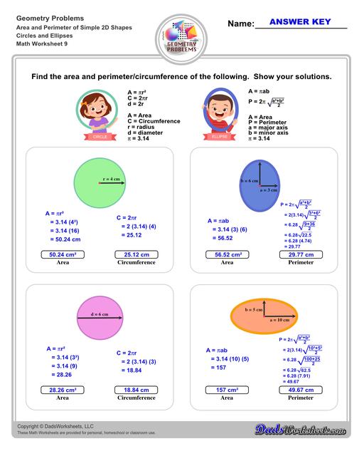 The area and perimeter worksheets on this page start with requiring students to calculate area and perimeter of basic shapes such as triangles, squares, circles and ellipses. Additional worksheets with compound shapes require students to calculate missing dimensions and use problem solving skills and strategies to calculate area and perimeter. Circles And Ellipses V1