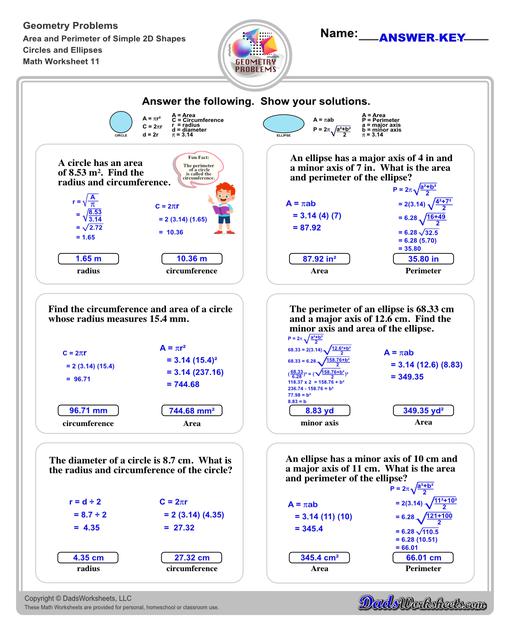 The area and perimeter worksheets on this page start with requiring students to calculate area and perimeter of basic shapes such as triangles, squares, circles and ellipses. Additional worksheets with compound shapes require students to calculate missing dimensions and use problem solving skills and strategies to calculate area and perimeter. Circles And Ellipses V3