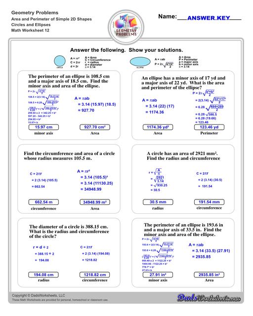 The area and perimeter worksheets on this page start with requiring students to calculate area and perimeter of basic shapes such as triangles, squares, circles and ellipses. Additional worksheets with compound shapes require students to calculate missing dimensions and use problem solving skills and strategies to calculate area and perimeter. Circles And Ellipses V4