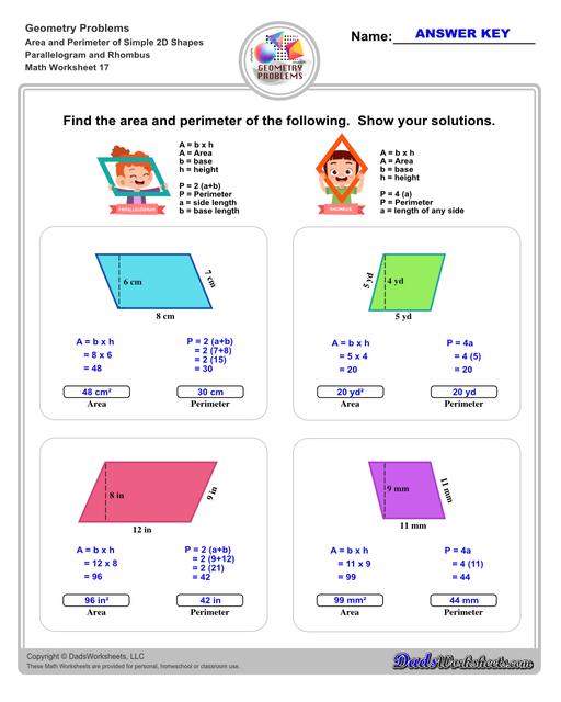The area and perimeter worksheets on this page start with requiring students to calculate area and perimeter of basic shapes such as triangles, squares, circles and ellipses. Additional worksheets with compound shapes require students to calculate missing dimensions and use problem solving skills and strategies to calculate area and perimeter. Parallelogram And Rhombus V1