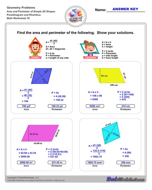 The area and perimeter worksheets on this page start with requiring students to calculate area and perimeter of basic shapes such as triangles, squares, circles and ellipses. Additional worksheets with compound shapes require students to calculate missing dimensions and use problem solving skills and strategies to calculate area and perimeter. Parallelogram And Rhombus V2