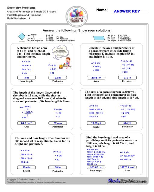 The area and perimeter worksheets on this page start with requiring students to calculate area and perimeter of basic shapes such as triangles, squares, circles and ellipses. Additional worksheets with compound shapes require students to calculate missing dimensions and use problem solving skills and strategies to calculate area and perimeter. Parallelogram And Rhombus V3