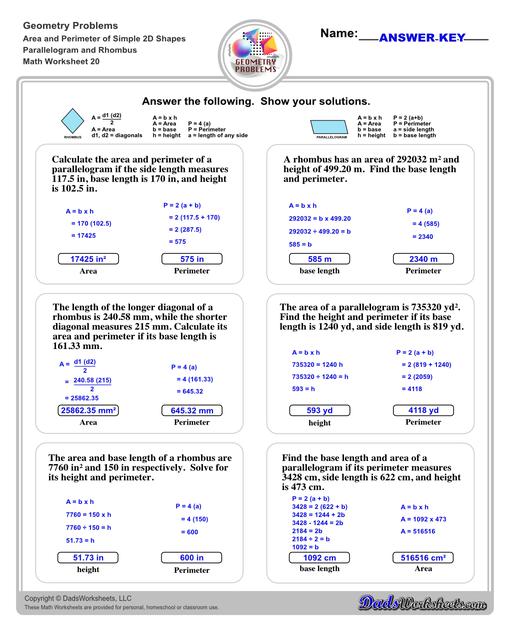 The area and perimeter worksheets on this page start with requiring students to calculate area and perimeter of basic shapes such as triangles, squares, circles and ellipses. Additional worksheets with compound shapes require students to calculate missing dimensions and use problem solving skills and strategies to calculate area and perimeter. Parallelogram And Rhombus V4