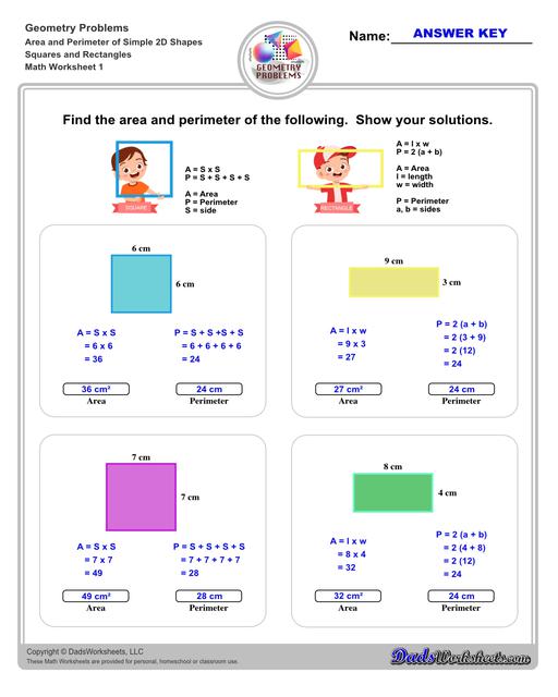 The area and perimeter worksheets on this page start with requiring students to calculate area and perimeter of basic shapes such as triangles, squares, circles and ellipses. Additional worksheets with compound shapes require students to calculate missing dimensions and use problem solving skills and strategies to calculate area and perimeter. Squares And Rectangles V1