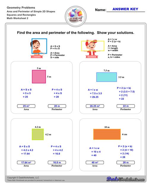 The area and perimeter worksheets on this page start with requiring students to calculate area and perimeter of basic shapes such as triangles, squares, circles and ellipses. Additional worksheets with compound shapes require students to calculate missing dimensions and use problem solving skills and strategies to calculate area and perimeter. Squares And Rectangles V2
