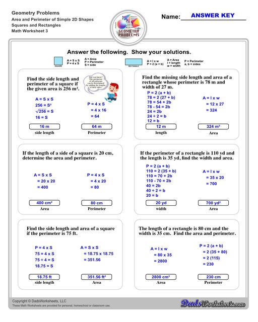 The area and perimeter worksheets on this page start with requiring students to calculate area and perimeter of basic shapes such as triangles, squares, circles and ellipses. Additional worksheets with compound shapes require students to calculate missing dimensions and use problem solving skills and strategies to calculate area and perimeter. Squares And Rectangles V3