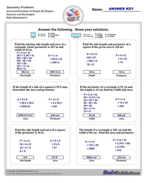 The area and perimeter worksheets on this page start with requiring students to calculate area and perimeter of basic shapes such as triangles, squares, circles and ellipses. Additional worksheets with compound shapes require students to calculate missing dimensions and use problem solving skills and strategies to calculate area and perimeter. Squares And Rectangles V4