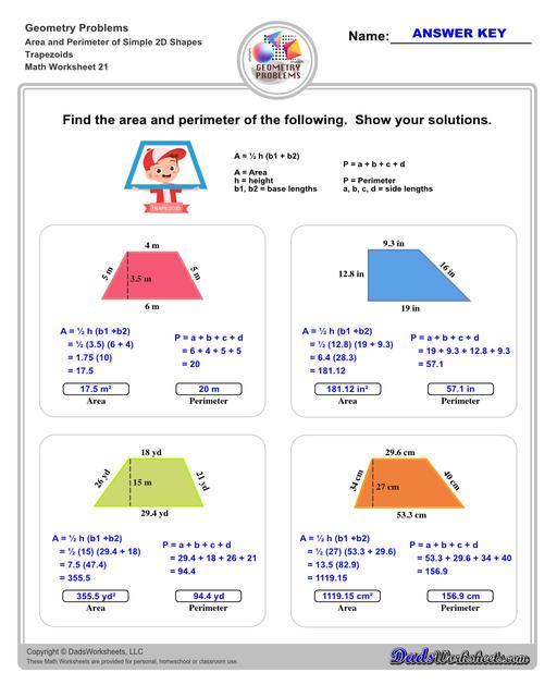 The area and perimeter worksheets on this page start with requiring students to calculate area and perimeter of basic shapes such as triangles, squares, circles and ellipses. Additional worksheets with compound shapes require students to calculate missing dimensions and use problem solving skills and strategies to calculate area and perimeter. Trapezoids V1