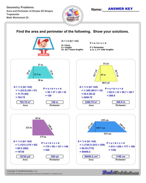 The area and perimeter worksheets on this page start with requiring students to calculate area and perimeter of basic shapes such as triangles, squares, circles and ellipses. Additional worksheets with compound shapes require students to calculate missing dimensions and use problem solving skills and strategies to calculate area and perimeter. Trapezoids V2