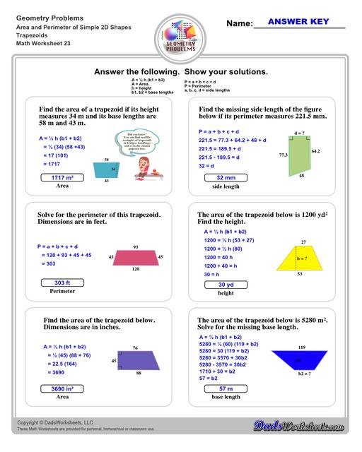 The area and perimeter worksheets on this page start with requiring students to calculate area and perimeter of basic shapes such as triangles, squares, circles and ellipses. Additional worksheets with compound shapes require students to calculate missing dimensions and use problem solving skills and strategies to calculate area and perimeter. Trapezoids V3