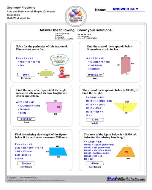 The area and perimeter worksheets on this page start with requiring students to calculate area and perimeter of basic shapes such as triangles, squares, circles and ellipses. Additional worksheets with compound shapes require students to calculate missing dimensions and use problem solving skills and strategies to calculate area and perimeter. Trapezoids V4