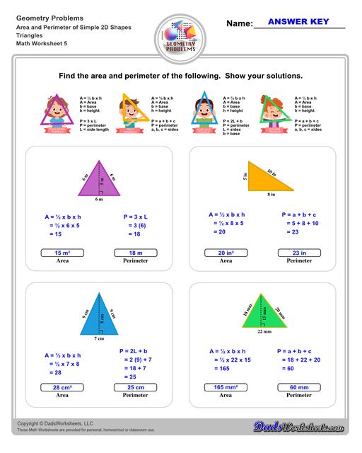 The area and perimeter worksheets on this page start with requiring students to calculate area and perimeter of basic shapes such as triangles, squares, circles and ellipses. Additional worksheets with compound shapes require students to calculate missing dimensions and use problem solving skills and strategies to calculate area and perimeter. Triangles V1