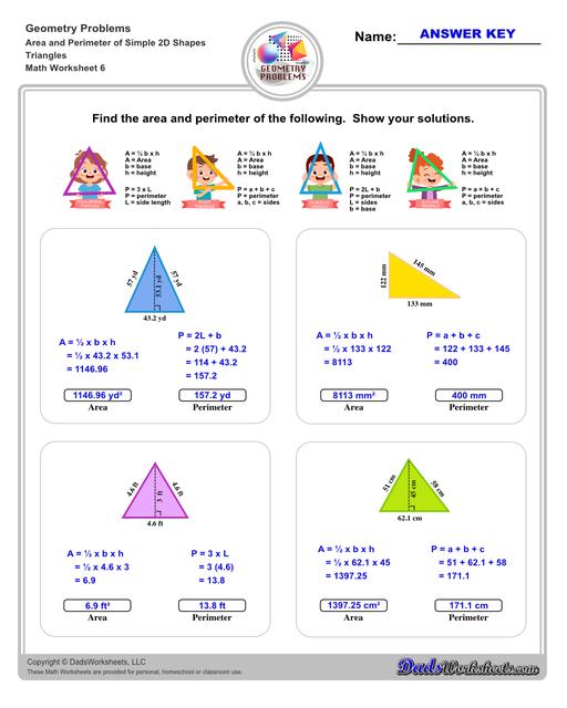 The area and perimeter worksheets on this page start with requiring students to calculate area and perimeter of basic shapes such as triangles, squares, circles and ellipses. Additional worksheets with compound shapes require students to calculate missing dimensions and use problem solving skills and strategies to calculate area and perimeter. Triangles V2