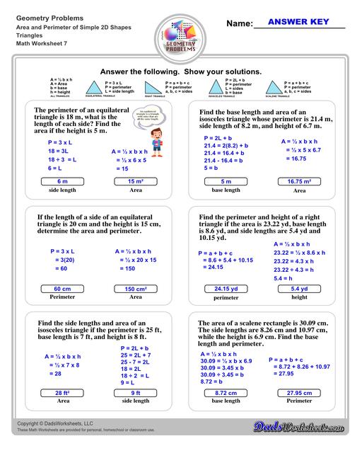 The area and perimeter worksheets on this page start with requiring students to calculate area and perimeter of basic shapes such as triangles, squares, circles and ellipses. Additional worksheets with compound shapes require students to calculate missing dimensions and use problem solving skills and strategies to calculate area and perimeter. Triangles V3