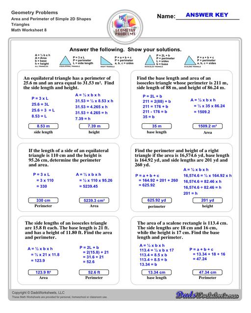 The area and perimeter worksheets on this page start with requiring students to calculate area and perimeter of basic shapes such as triangles, squares, circles and ellipses. Additional worksheets with compound shapes require students to calculate missing dimensions and use problem solving skills and strategies to calculate area and perimeter. Triangles V4