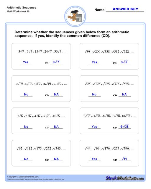 Arithmetic sequences worksheets including practice finding the common difference for a sequence of numbers, or finding arbitrary nth terms in an arithmetic sequence given its formula definition.  Arithmetic Sequence Determine V2