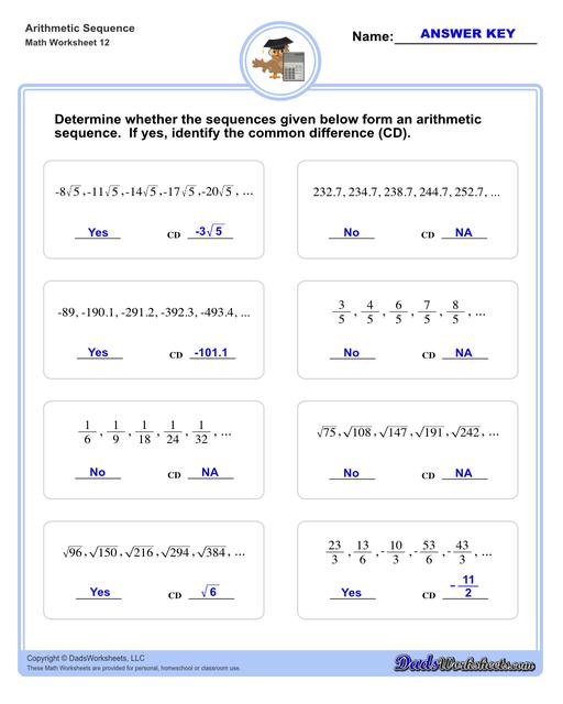 Arithmetic sequences worksheets including practice finding the common difference for a sequence of numbers, or finding arbitrary nth terms in an arithmetic sequence given its formula definition.  Arithmetic Sequence Determine V4