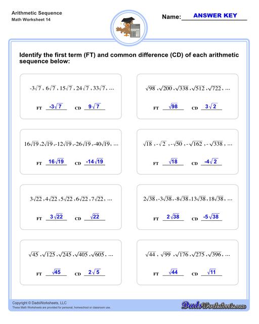 Arithmetic sequences worksheets including practice finding the common difference for a sequence of numbers, or finding arbitrary nth terms in an arithmetic sequence given its formula definition.  Arithmetic Sequence First Term And Common Difference V2