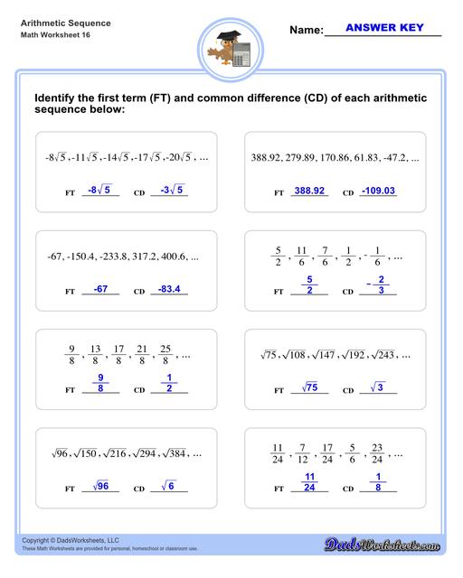 Arithmetic sequences worksheets including practice finding the common difference for a sequence of numbers, or finding arbitrary nth terms in an arithmetic sequence given its formula definition.  Arithmetic Sequence First Term And Common Difference V4