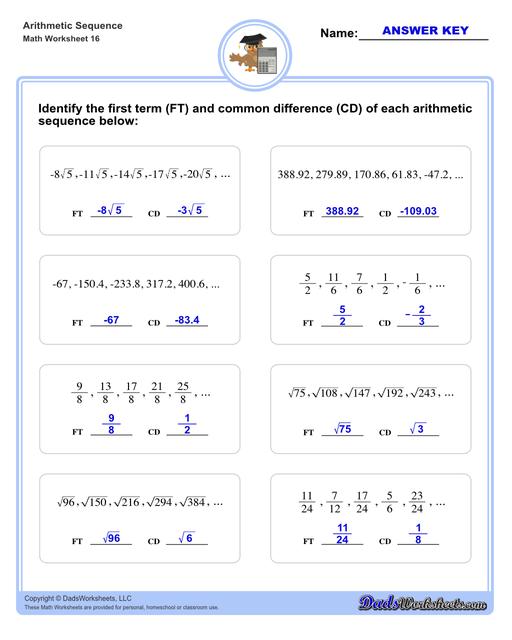 Arithmetic sequences worksheets including practice finding the common difference for a sequence of numbers, or finding arbitrary nth terms in an arithmetic sequence given its formula definition.  Arithmetic Sequence First Term And Common Difference V4