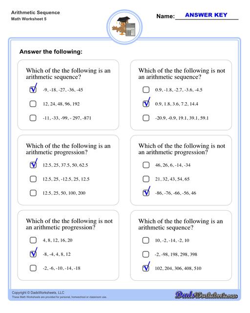 Arithmetic sequences worksheets including practice finding the common difference for a sequence of numbers, or finding arbitrary nth terms in an arithmetic sequence given its formula definition.  Arithmetic Sequence Multiple Choice Questions V1