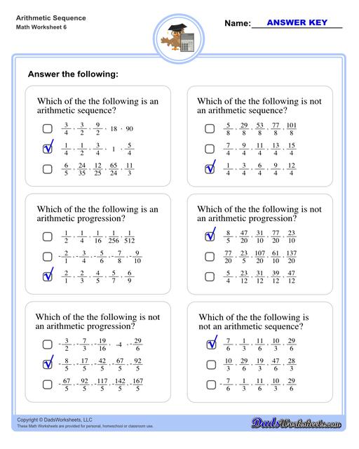 Arithmetic sequences worksheets including practice finding the common difference for a sequence of numbers, or finding arbitrary nth terms in an arithmetic sequence given its formula definition.  Arithmetic Sequence Multiple Choice Questions V2