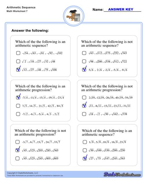Arithmetic sequences worksheets including practice finding the common difference for a sequence of numbers, or finding arbitrary nth terms in an arithmetic sequence given its formula definition.  Arithmetic Sequence Multiple Choice Questions V3