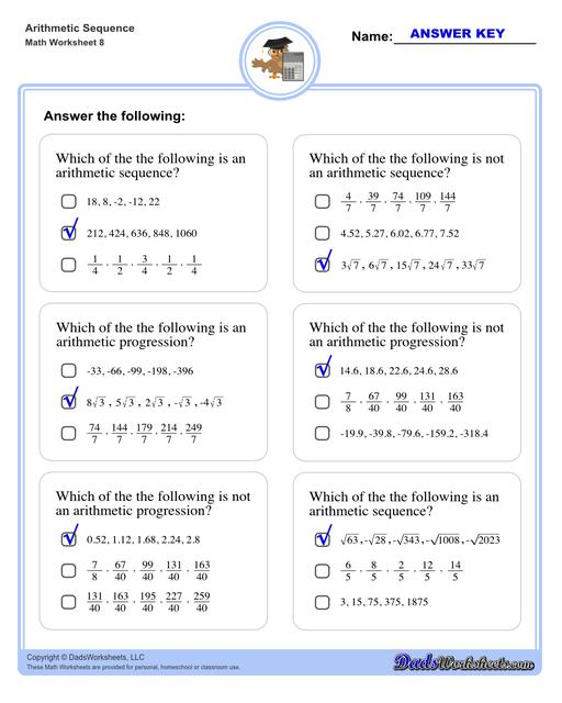 Arithmetic sequences worksheets including practice finding the common difference for a sequence of numbers, or finding arbitrary nth terms in an arithmetic sequence given its formula definition.  Arithmetic Sequence Multiple Choice Questions V4