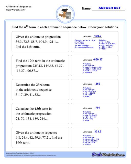 Arithmetic sequences worksheets including practice finding the common difference for a sequence of numbers, or finding arbitrary nth terms in an arithmetic sequence given its formula definition.  Arithmetic Sequence Nth Term V1