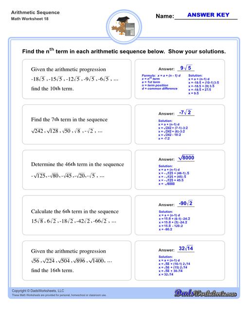 Arithmetic sequences worksheets including practice finding the common difference for a sequence of numbers, or finding arbitrary nth terms in an arithmetic sequence given its formula definition.  Arithmetic Sequence Nth Term V2