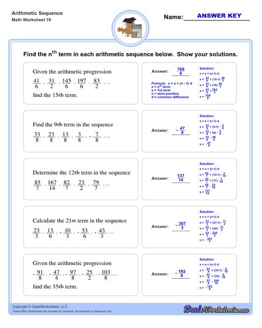 Arithmetic sequences worksheets including practice finding the common difference for a sequence of numbers, or finding arbitrary nth terms in an arithmetic sequence given its formula definition.  Arithmetic Sequence Nth Term V3