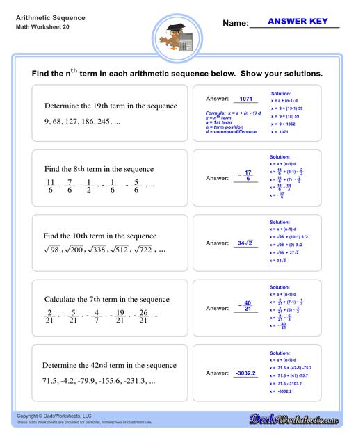 Arithmetic sequences worksheets including practice finding the common difference for a sequence of numbers, or finding arbitrary nth terms in an arithmetic sequence given its formula definition.  Arithmetic Sequence Nth Term V4