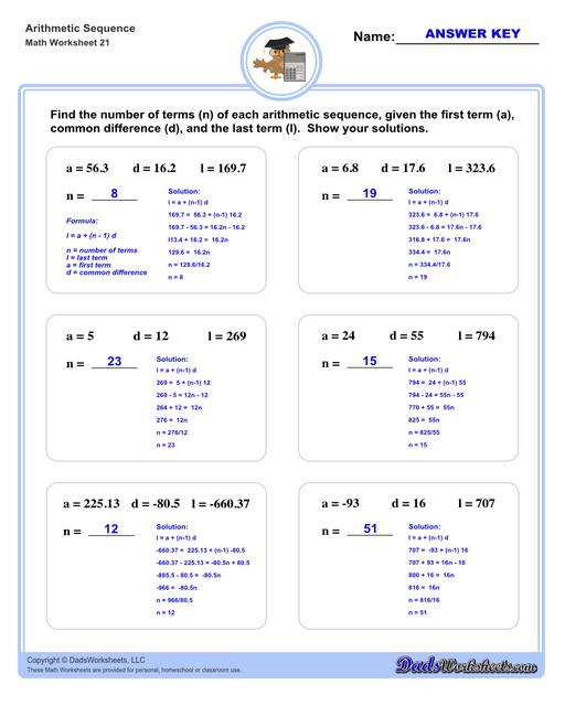 Arithmetic sequences worksheets including practice finding the common difference for a sequence of numbers, or finding arbitrary nth terms in an arithmetic sequence given its formula definition.  Arithmetic Sequence Number Of Terms V1